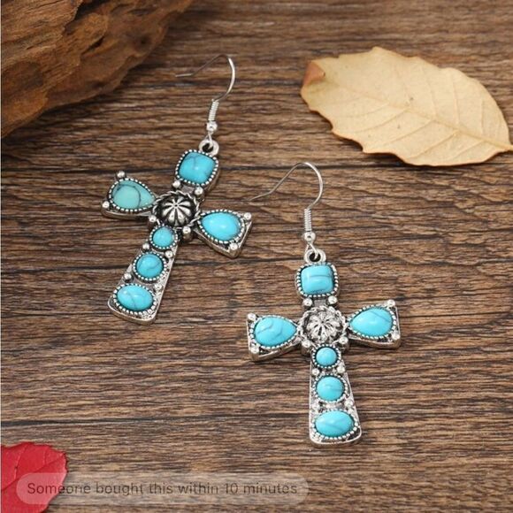 Faux Turquoise Cross Decor Drop Earrings Zinz Alloy - Picture 3 of 11